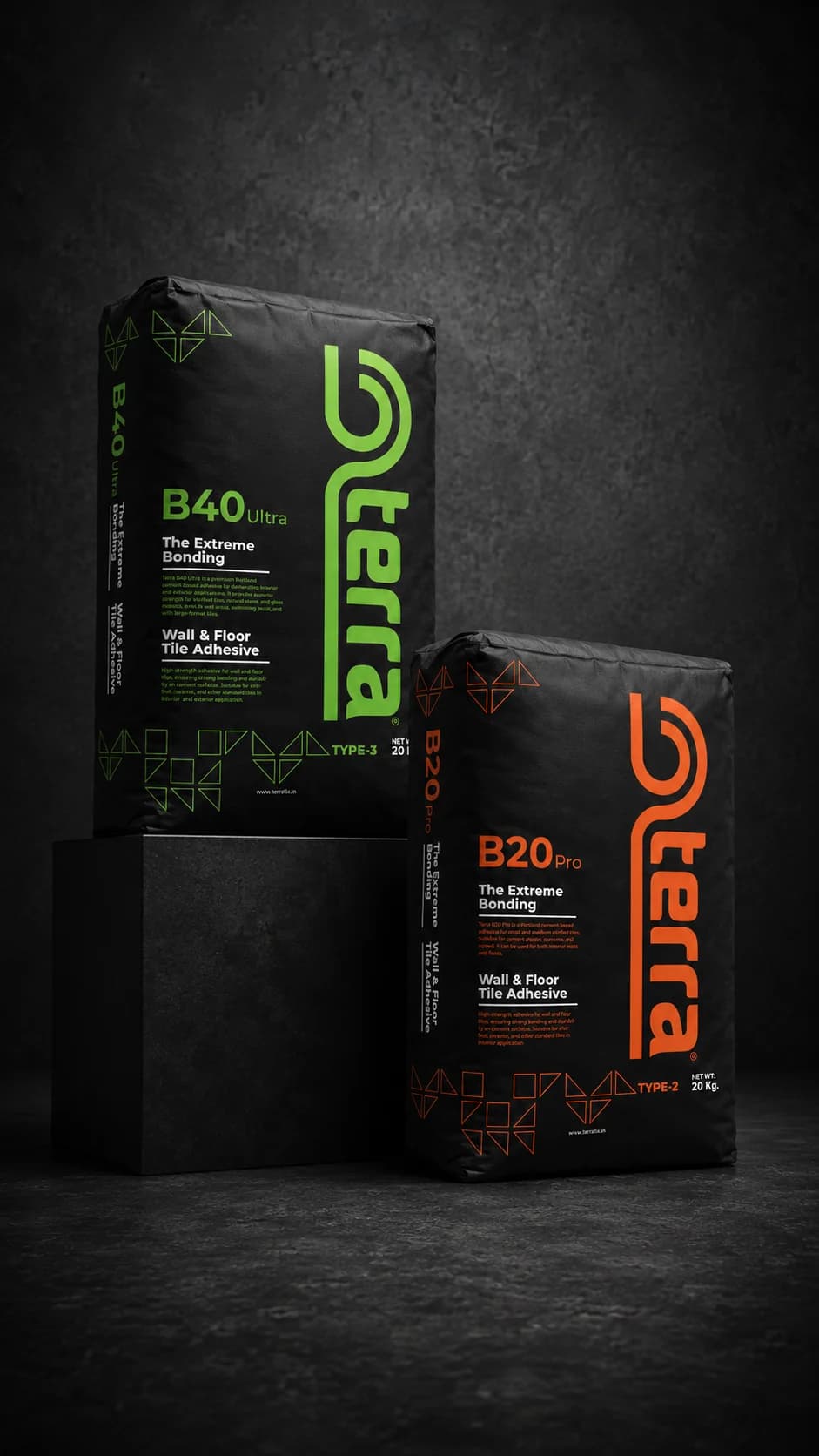 Terra B40 Ultra and B20 Pro tile adhesive bags on dark concrete plinths