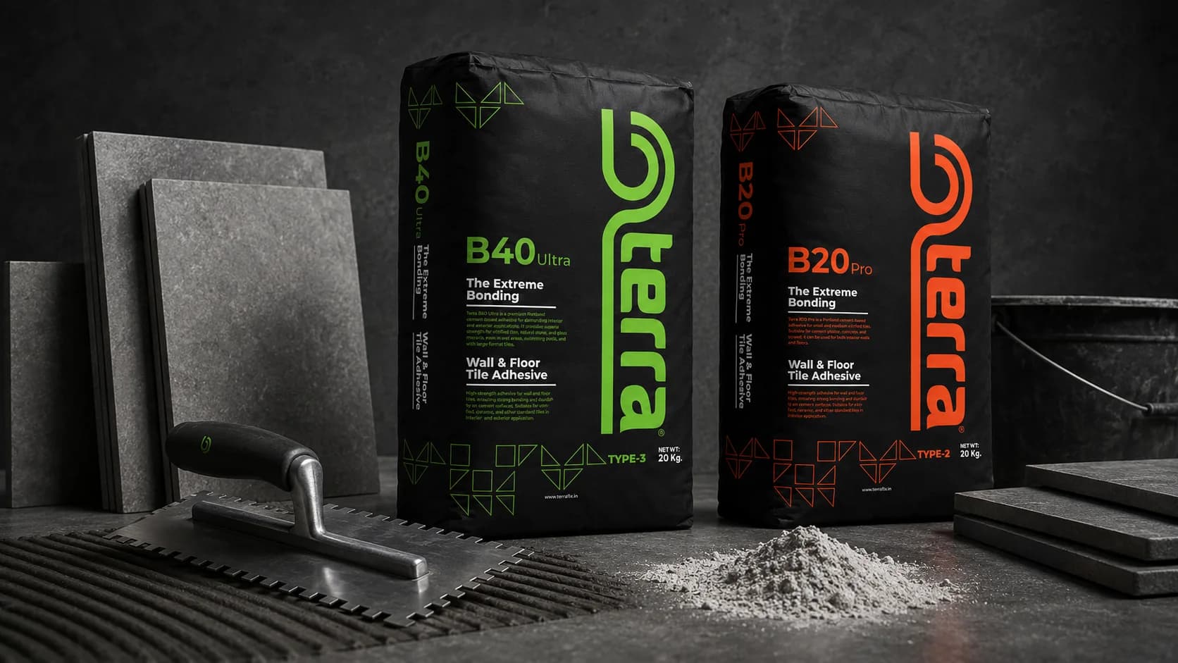 Terra products with tile installation tools, tiles, and adhesive powder
