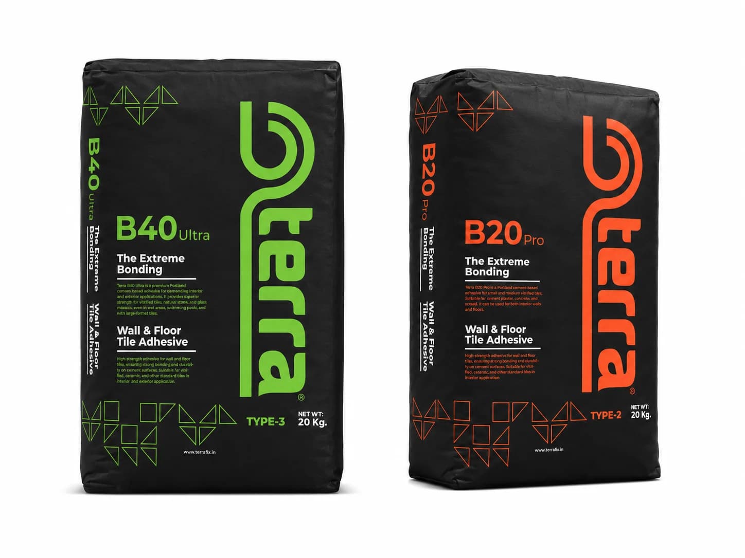 Terra B40 Ultra and B20 Pro tile adhesive bags on a clean white background