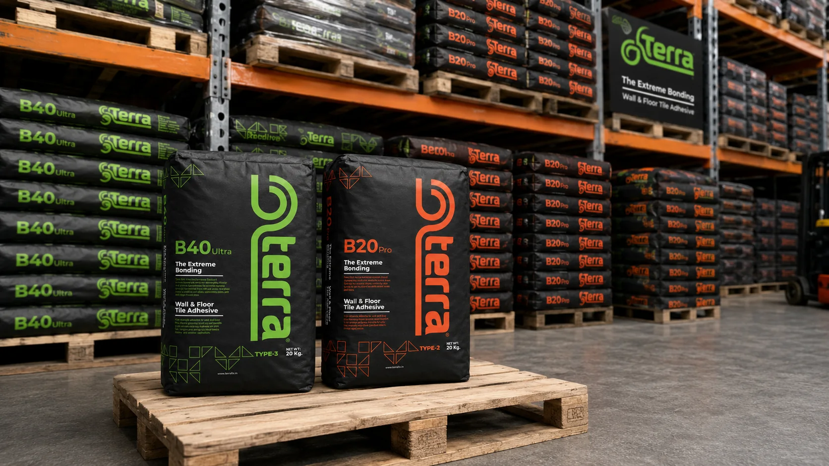 TERRA tile adhesive bags arranged for dealer and project supply